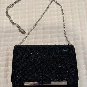 Elegant Black Evening Bag - sparkly with silver metal accents and chain.